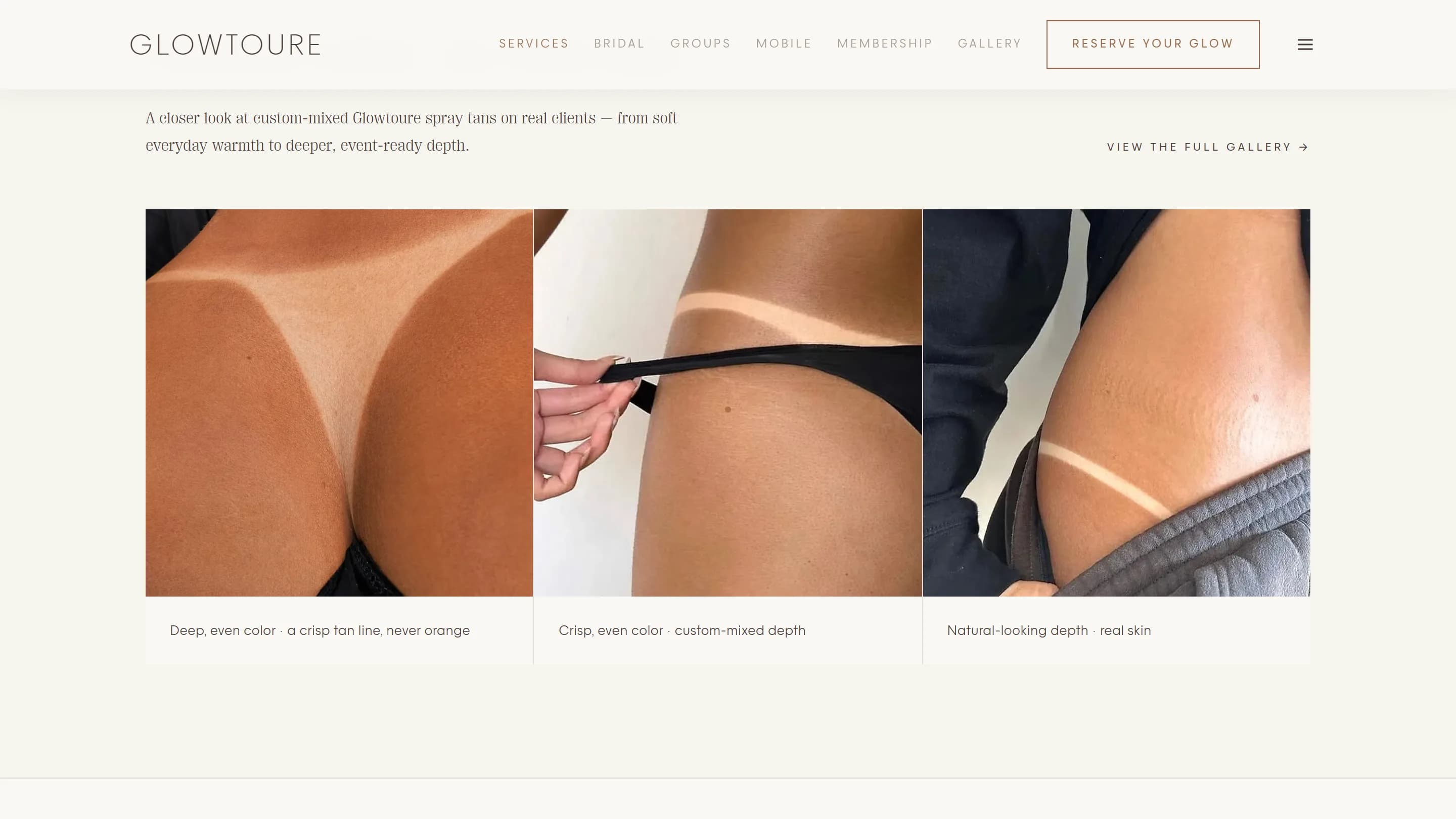 Glowtoure's services page — custom spray tanning, laid out by depth and finish.