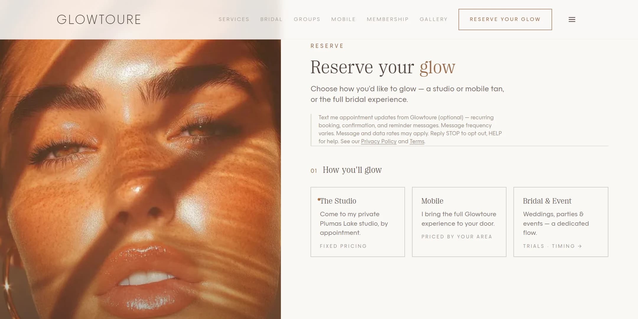 Glowtoure's booking page — a sunlit portrait beside the three ways to book.