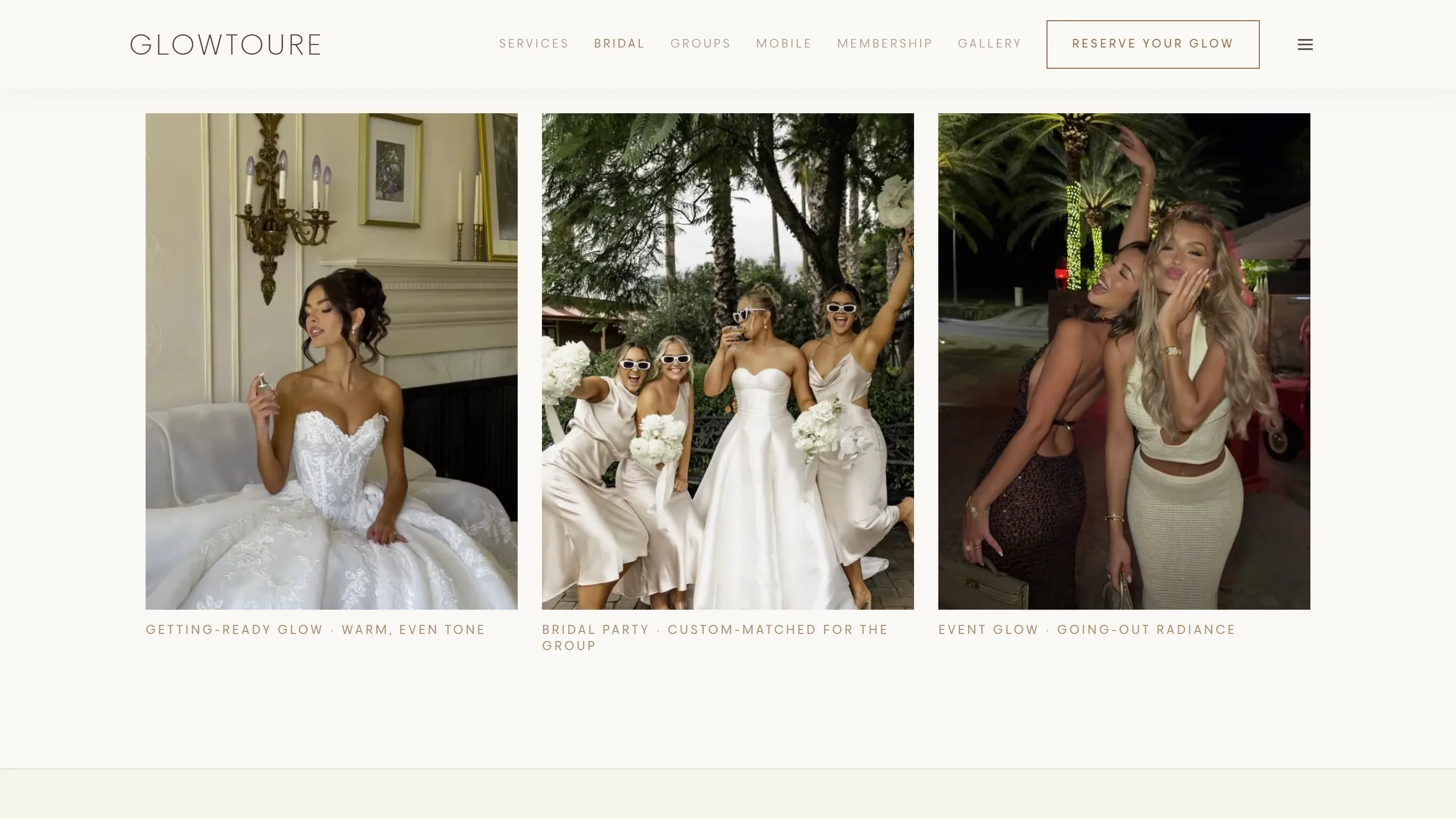 Glowtoure's bridal page — the party booking flow, photographed on the live site.